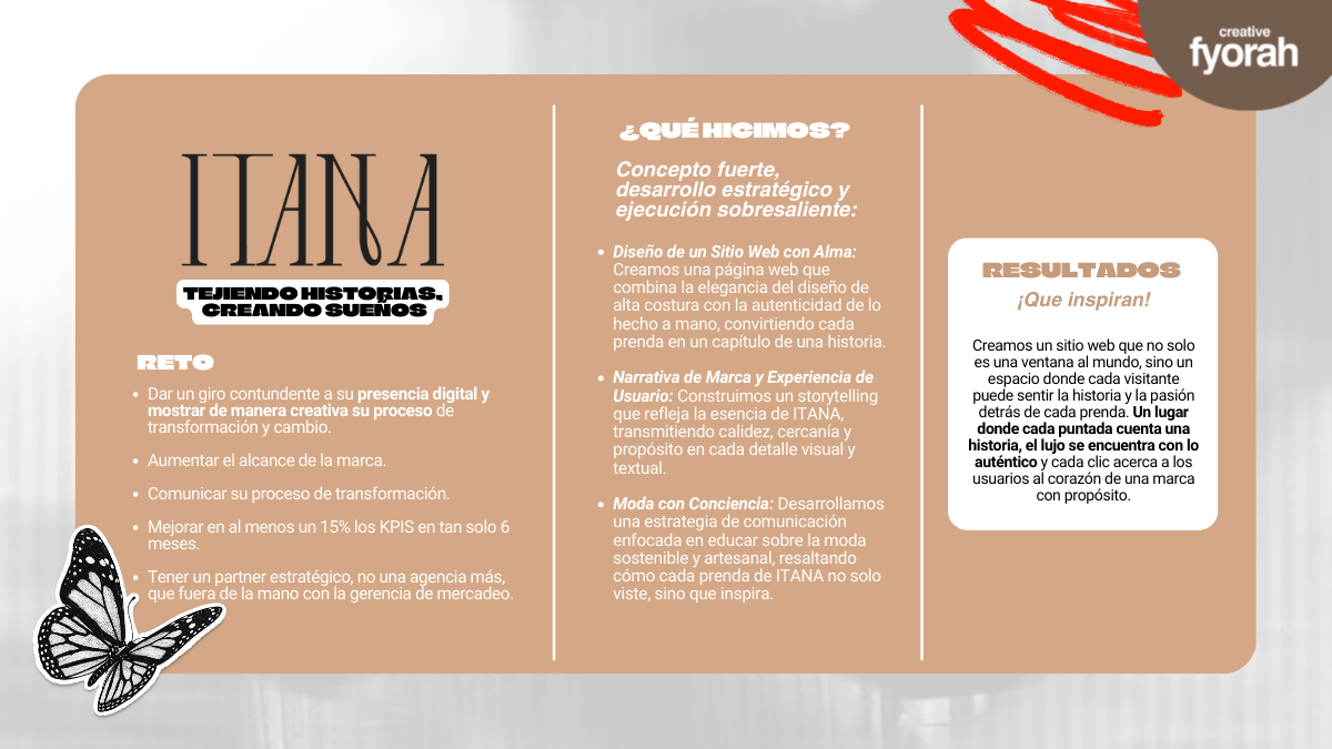 Transformamos la presencia digital de Itana con un sitio web con alma y una narrativa que refleja su esencia artesanal y sostenible. El resultado: una experiencia donde cada prenda cuenta una historia y conecta lujo con autenticidad.